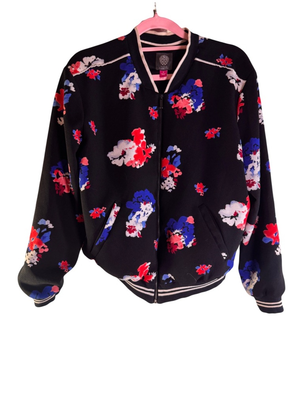 Vince Camuto Black Floral Print Full Zip Bomber Jacket Size Small